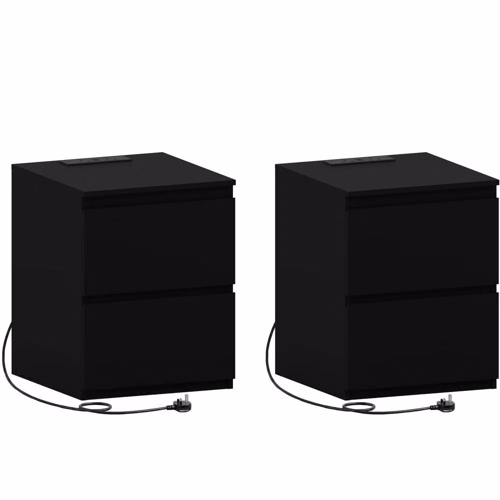Vida Designs Denver Set of 2 Large 2 Drawer Bedside Chests with Power Outlets in Black – 2