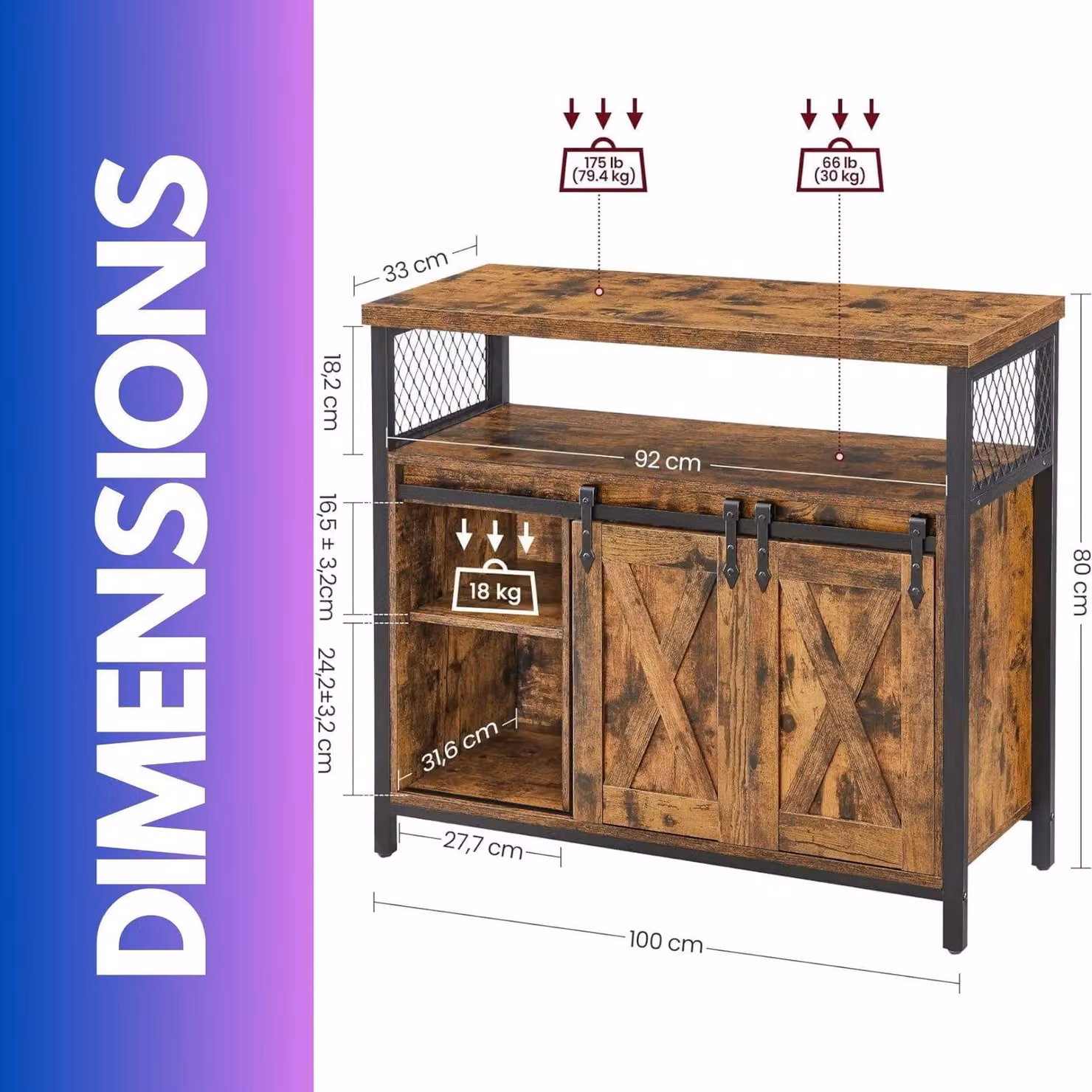 FURNOS Multipurpose Industrial Kitchen Sideboard Buffet Cabinet with Sliding Barn Doors in Brown – 2