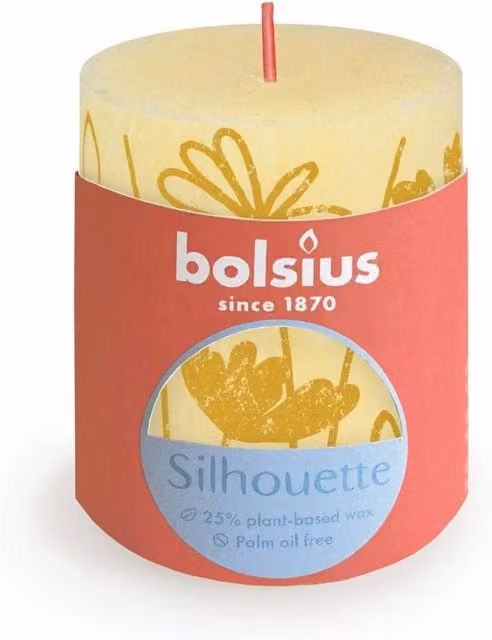 Bolsius Rustic Silhouette Pillar Candle in Butter Yellow, H 80 mm x W 6.8 cm x D 6.8 cm