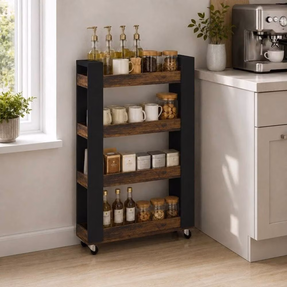 PAWNORA 4 Tier Freestanding Kitchen Storage Trolley Cart in Black and Rustic Oak – 3