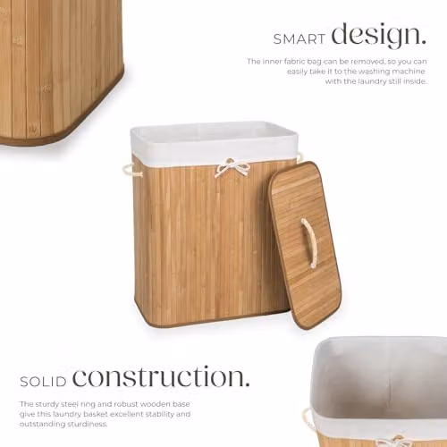tectake 100L Bamboo Laundry Basket with Lid and Removable Washable Bag, Beige – 2