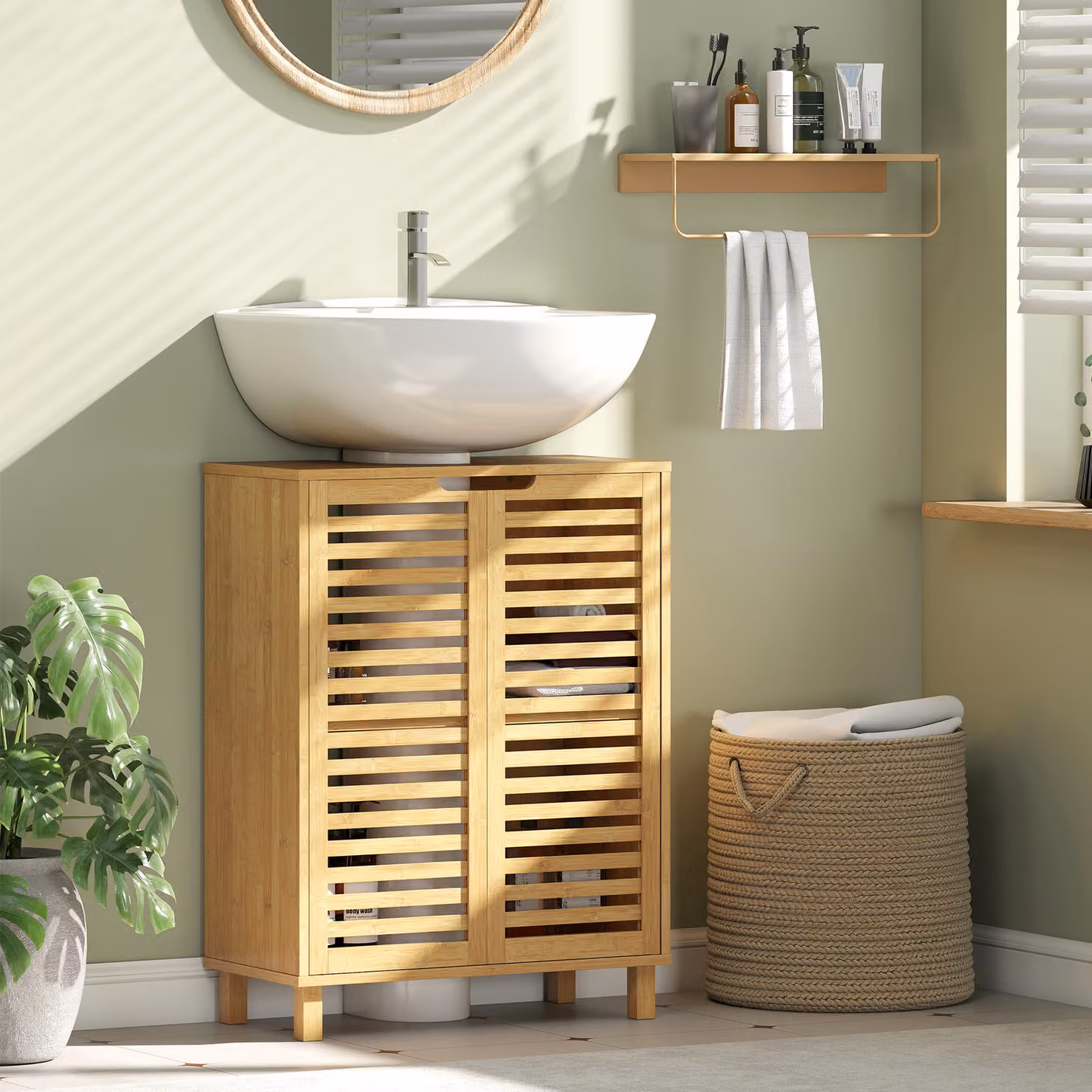 HOMCOM Freestanding Bamboo Under Sink Bathroom Cabinet with Louvered Hinged Doors and Adjustable Internal Shelf in Natural Brown – 2