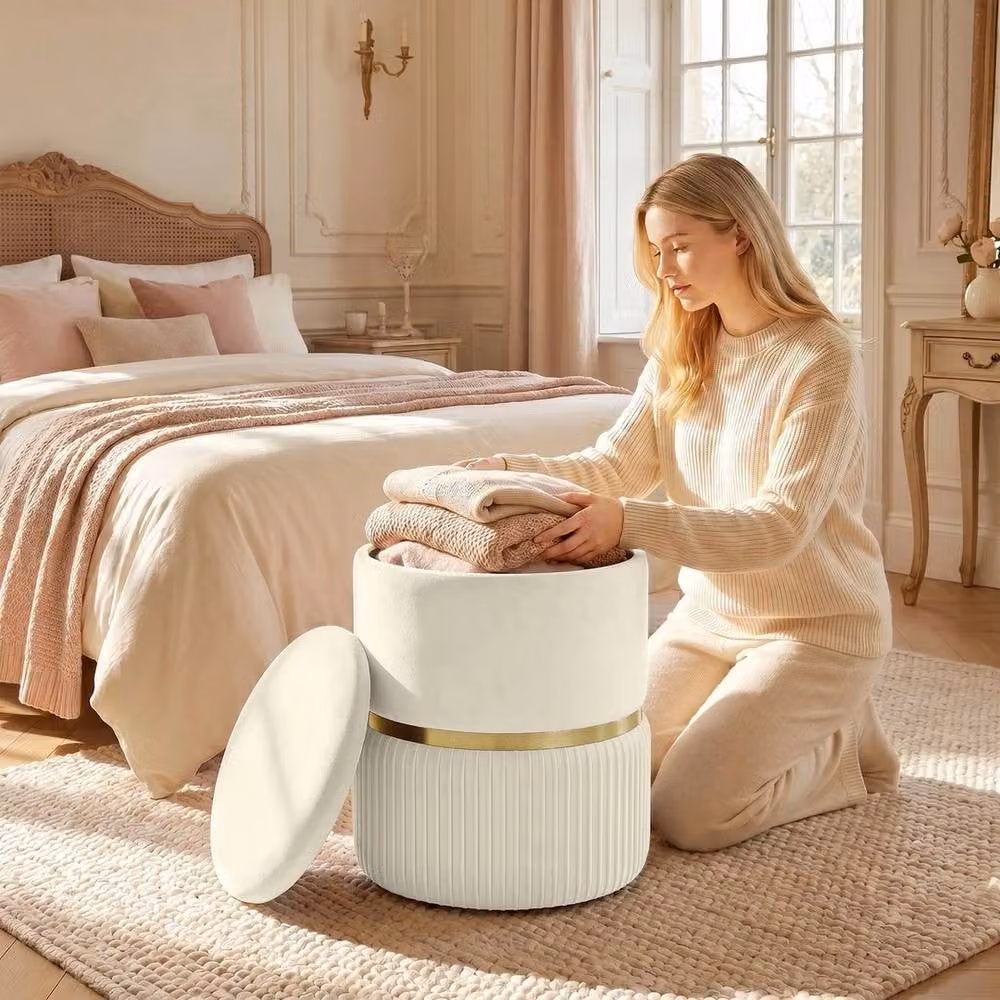 VOGREX Beige Round Storage Pouffe Footstool, W/D/H: 44 x 44 x 36 cm – 2