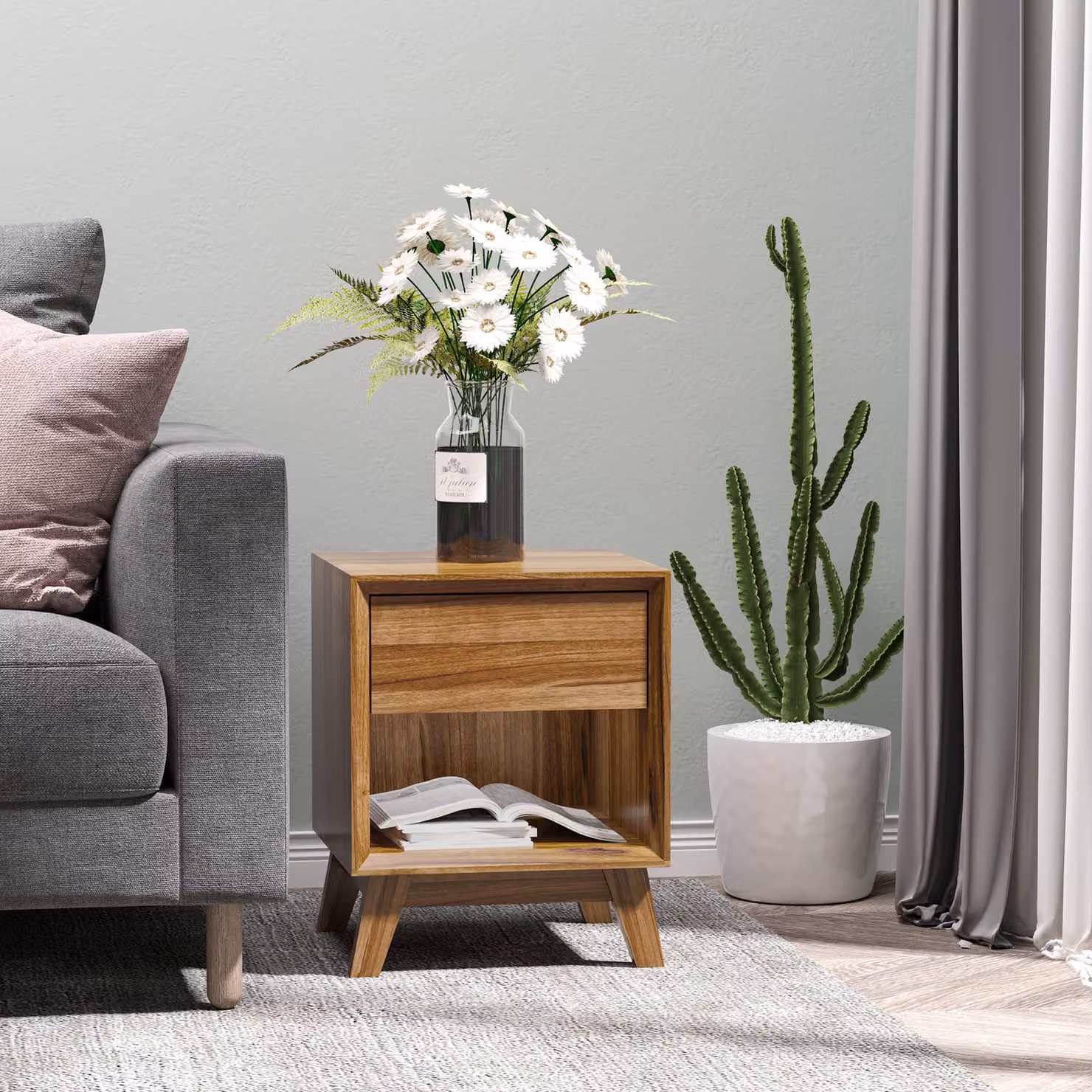 HOMCOM Modern Bedside Table and Nightstand with Drawer and Shelf in Walnut Brown – 2