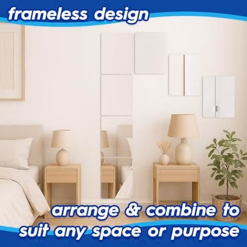 Harbour Housewares Pack of 12 Self Adhesive Rectangular Glass Wall Mirror Tiles, Silver, W: 30 cm x H: 40 cm – 1
