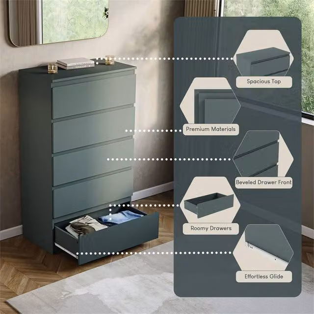 FORGEVIO Green 5 Drawer Chest of Drawers for Bedroom Storage