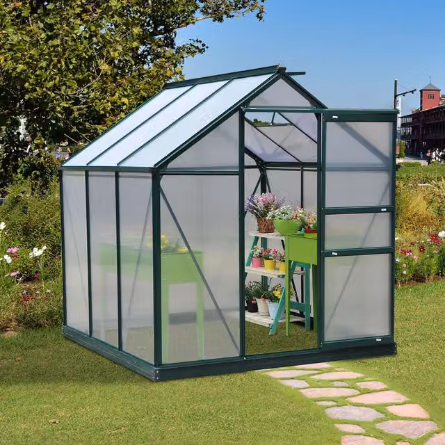 Outsunny Large Walk In Greenhouse with Dark Green Aluminium Frame and Transparent Polycarbonate Panels