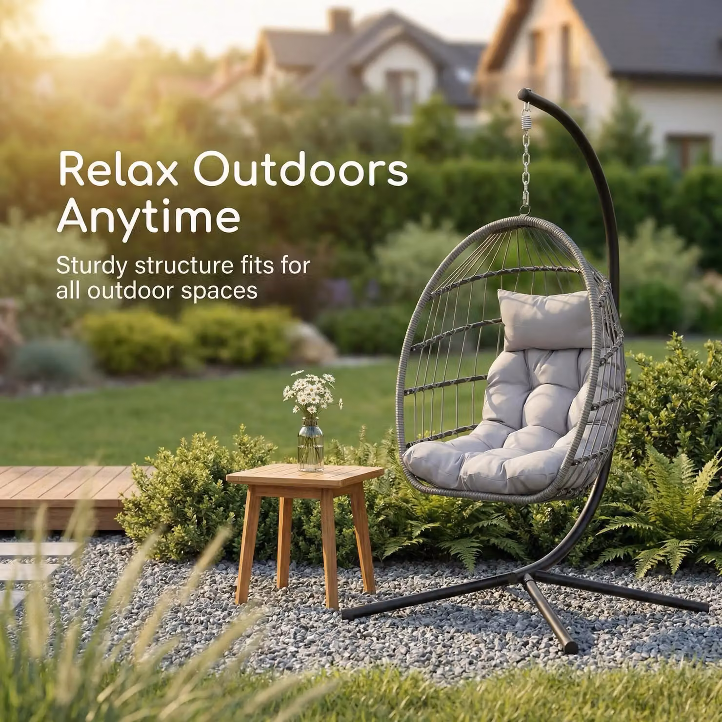 Alivio Grey Hanging Egg Chair with Stand, Weather-Resistant Rattan Swing Chair with Cushions for Indoor and Outdoor Use – 5