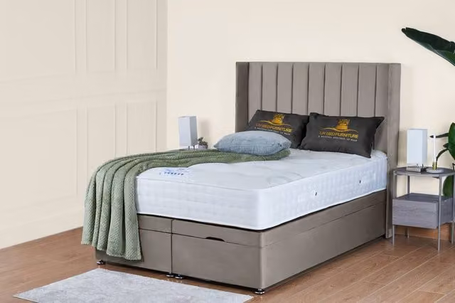 UK Bed Furniture Victoria End Lift Divan Ottoman Bed with 54 Inch Headboard in Light Beige, Size: 200 x 200 cm