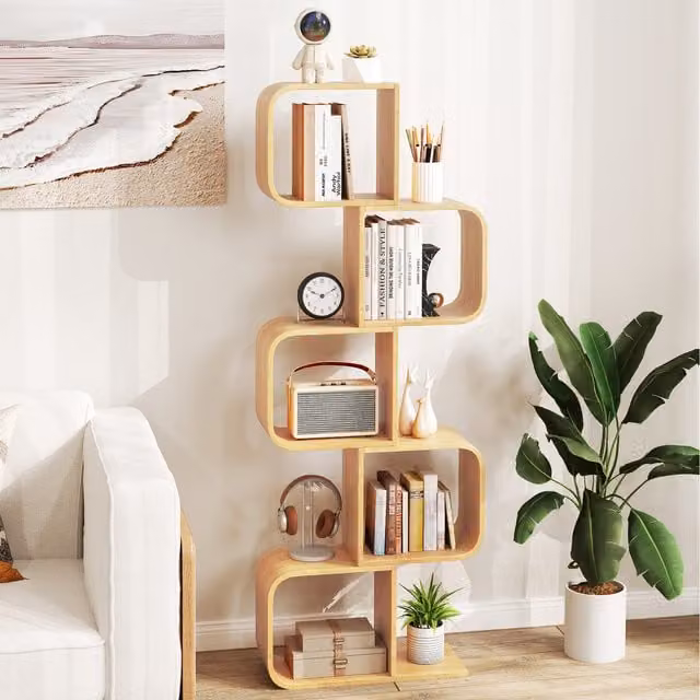 COSTWAY 5-Tier S-Shaped Bamboo Bookshelf in Natural Brown