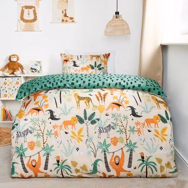 OHS Safari Reversible Graphic Animal Duvet Cover Set for Children in Green and Purple, 90 x 200 cm