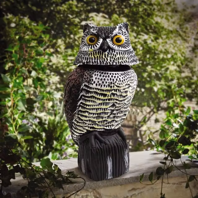 mysmartbuy Decoy Owl Bird Scarer, Lifelike Weatherproof Plastic Ornament with Reflective Eyes and 360 Degree Rotating Head, H: 39 cm x W: 18 cm x D: 18 cm – 1