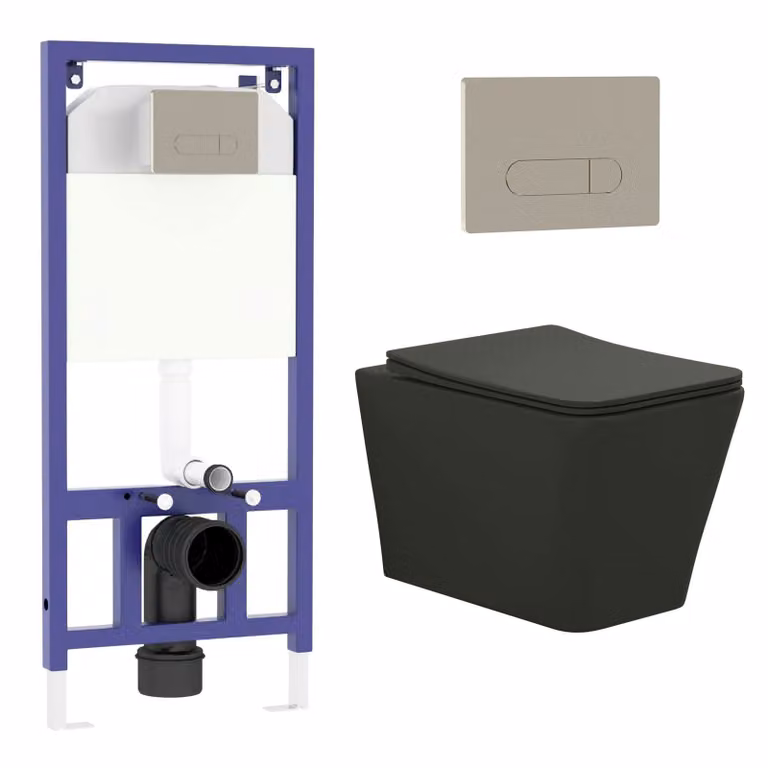 Royal Bathrooms Elena Matt Black Wall Hung Rimless Ceramic Toilet with Slim Soft Close Seat and Aqua Brushed Nickel Plate Wall Hung Frame