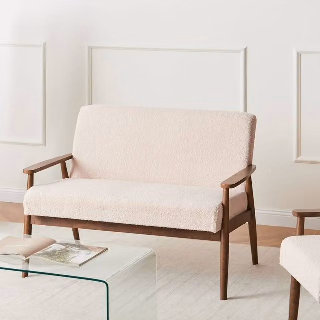 Wyld and Coco 2-Seater Boucle Sofa in Beige and Brown with Solid Wood Frame