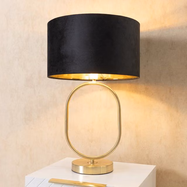 ValueLights Antonia Oval Table Lamp in Black and Brushed Gold with Fabric Shade and LED Bulb