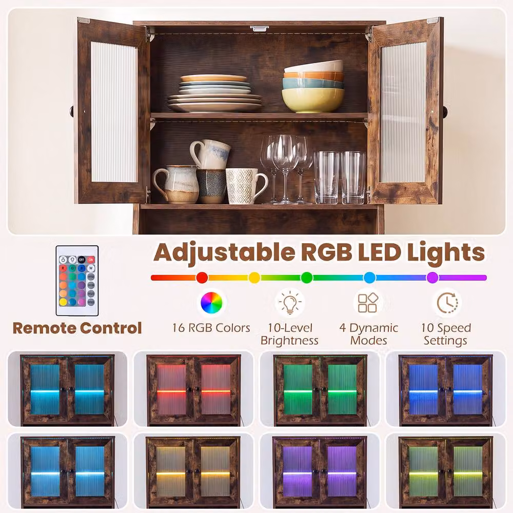 Gymax Freestanding Kitchen Pantry and Coffee Bar Cabinet with Integrated LED Lights in Brown – 8