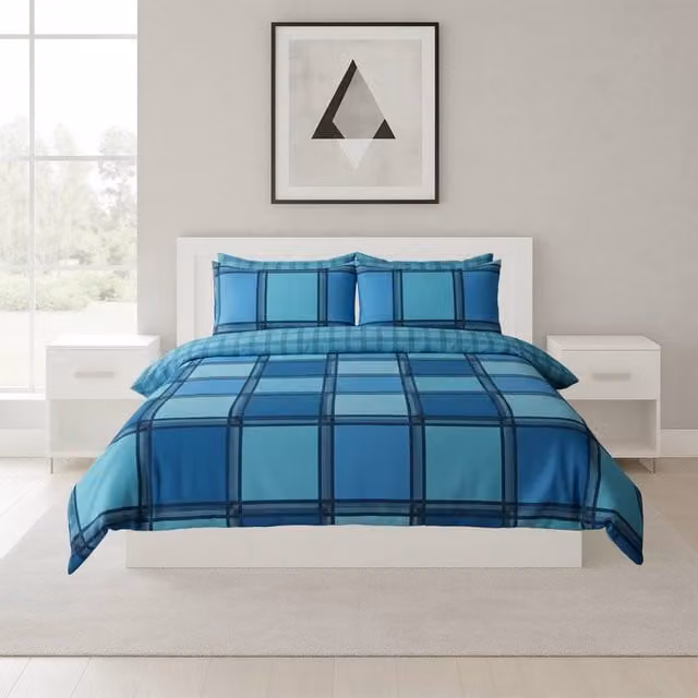 Snug City Contemporary Square Pattern Duvet Cover and Pillowcase Set in Petrol Blue, Super King – 1