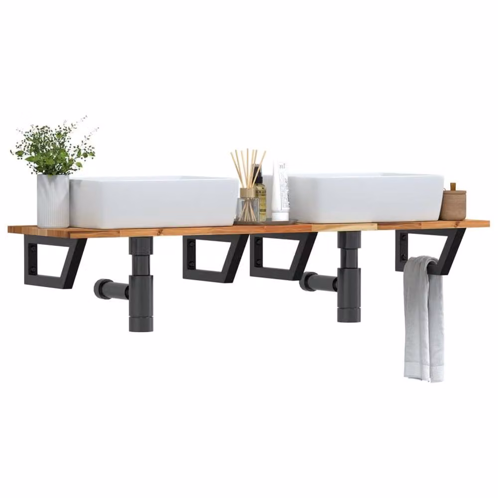 Berkfield Home Wall Mounted Basin Shelf in Brown Steel and Solid Acacia Wood – 2