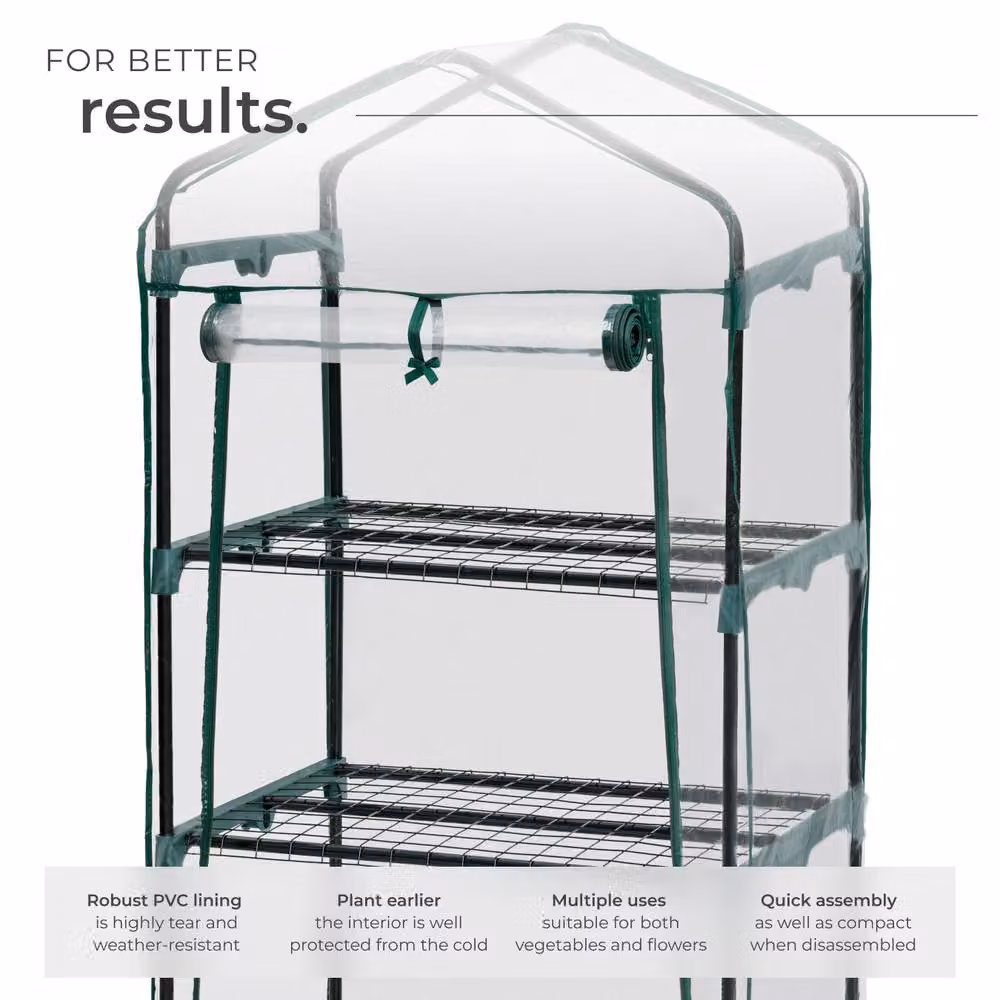 tectake Greenhouse with Wheels, 3 Shelves and Transparent Tarpaulin Cover, W/D/H: 69 x 49 x 133 cm – 3