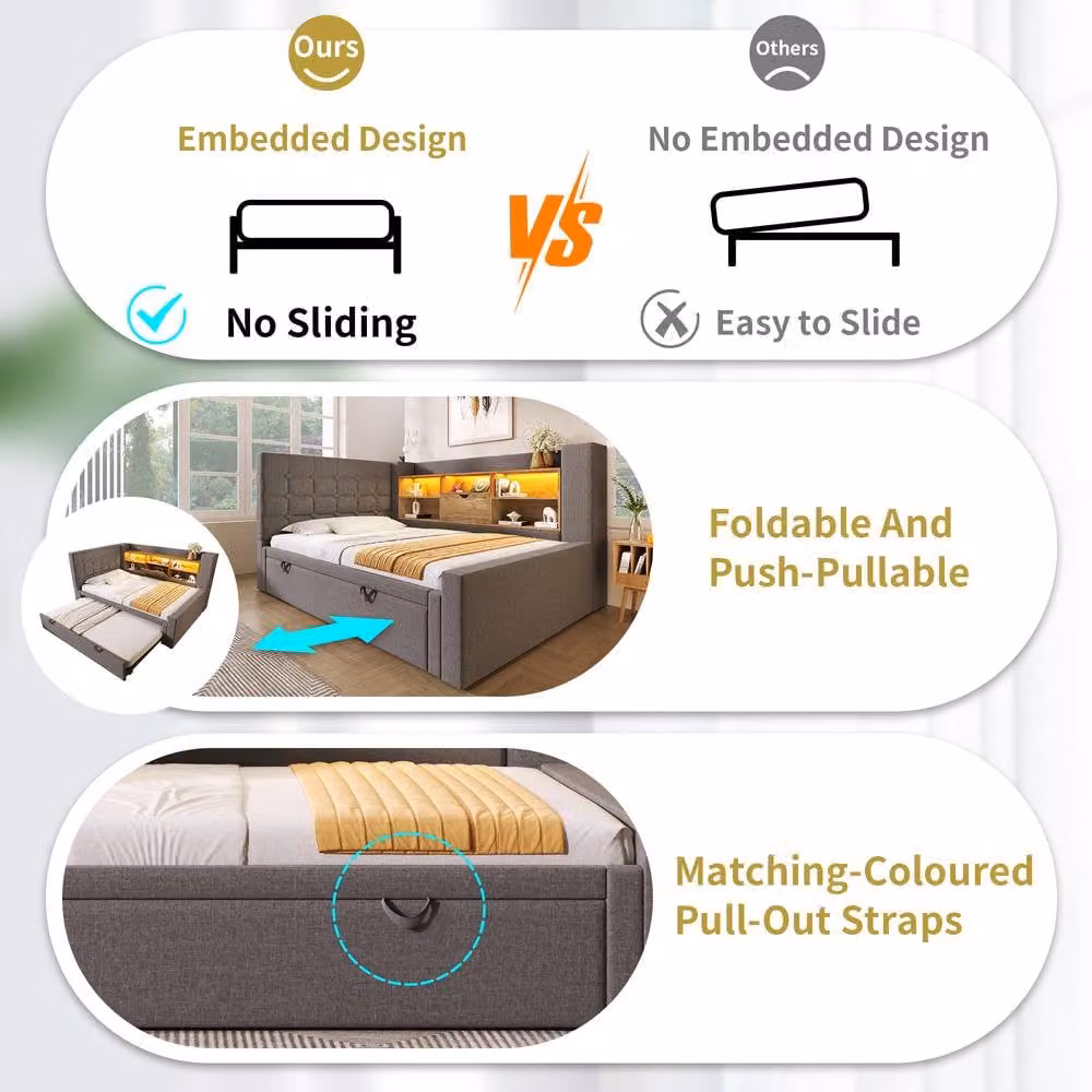 ModernLuxe Upholstered Single Bed in Grey with Pull-out Guest Bed, LED Lighting, USB Charging Port and Storage W/D/H: 90 x 190 x 107 cm – 6