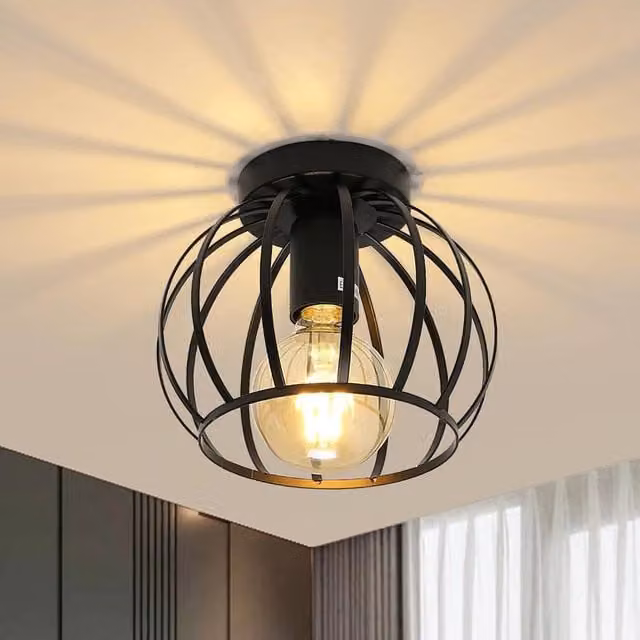 COMELY Industrial Vintage Black Metal Semi Flush Ceiling Light with E27 Socket
