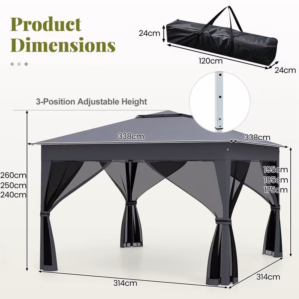 Gymax Pop up Gazebo Height Adjustable Pavilion Canopy Tent, Dark Grey, W: 330 cm, D: 330 cm – 10