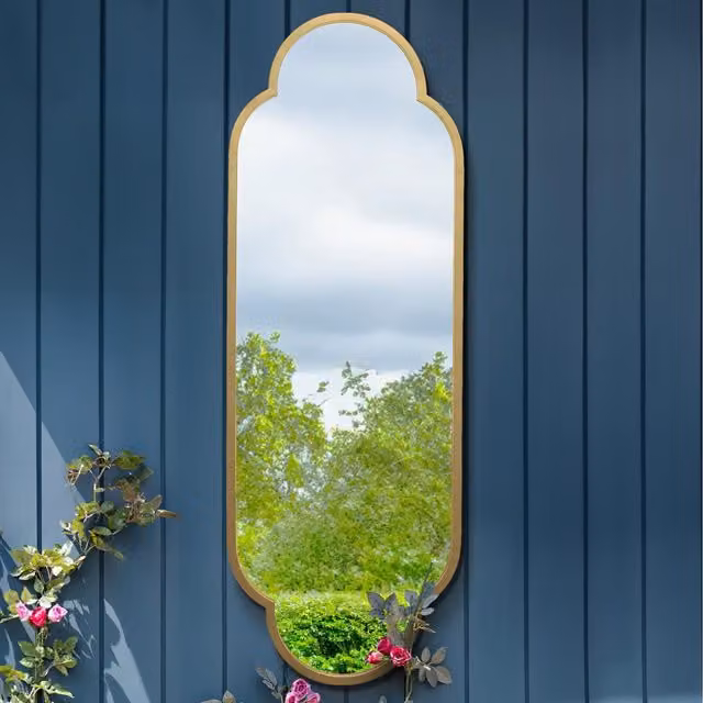 MirrorOutlet Duplici Gold Double Arched Modern Hanging Garden Mirror in Gold and Black, Height: 150 cm