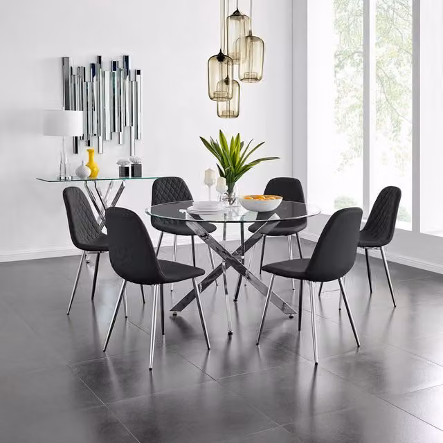 FurnitureboxUK Novara Round Glass Dining Table with 6 Corona Silver Chairs in Black and Chrome