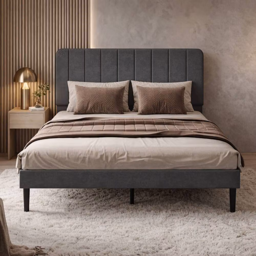 Levede Double Bed Frame with Adjustable Upholstered Velvet Headboard in Grey, W/D/H: 135 x 190 x 140 cm – 2