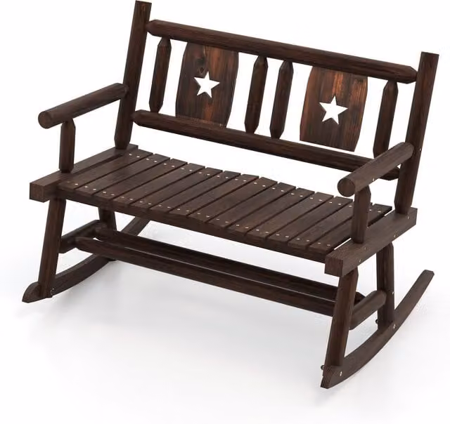Costway Brown Outdoor Carbonized Wood Rocking Bench with Armrests
