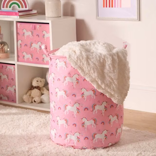OHS Kids Pop Up Laundry Basket and Toy Organiser, Unicorn Design, Pink