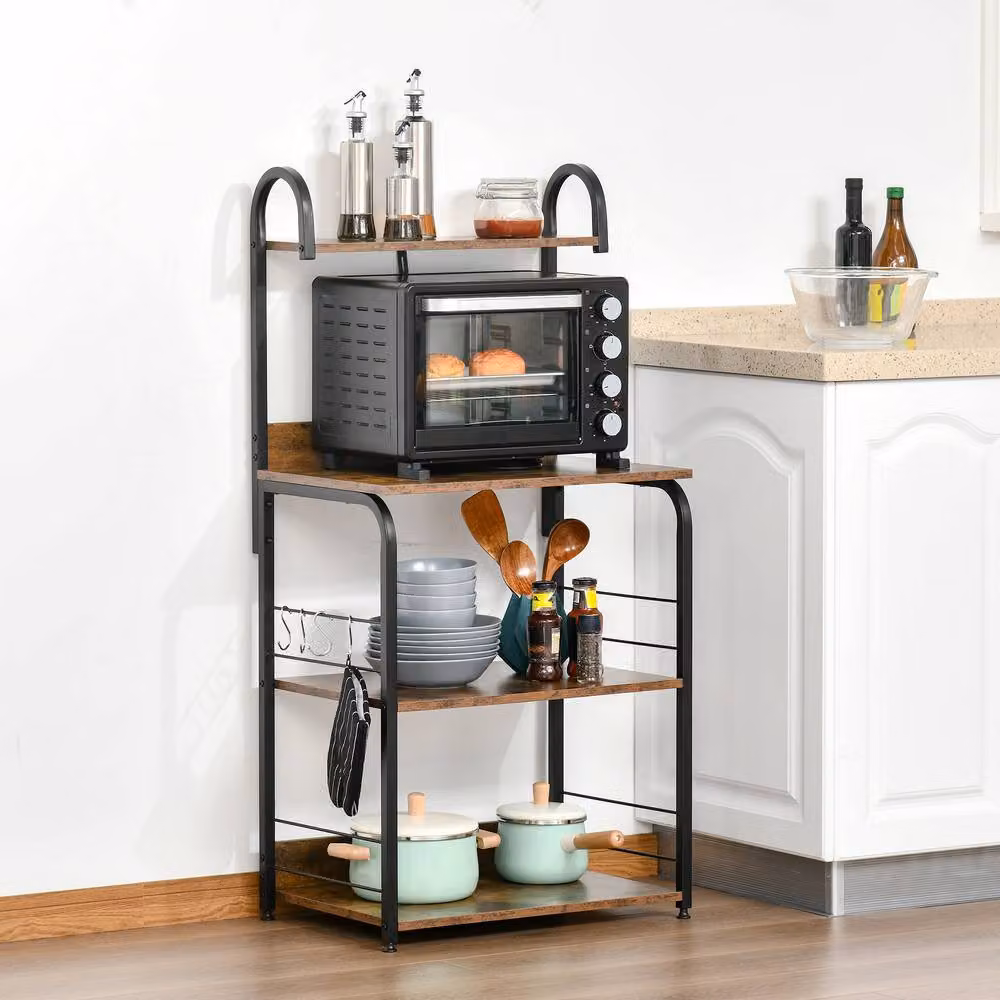 STILVORA Kitchen Storage Rack with Shelves and Hooks in Rustic Dark Brown – 2