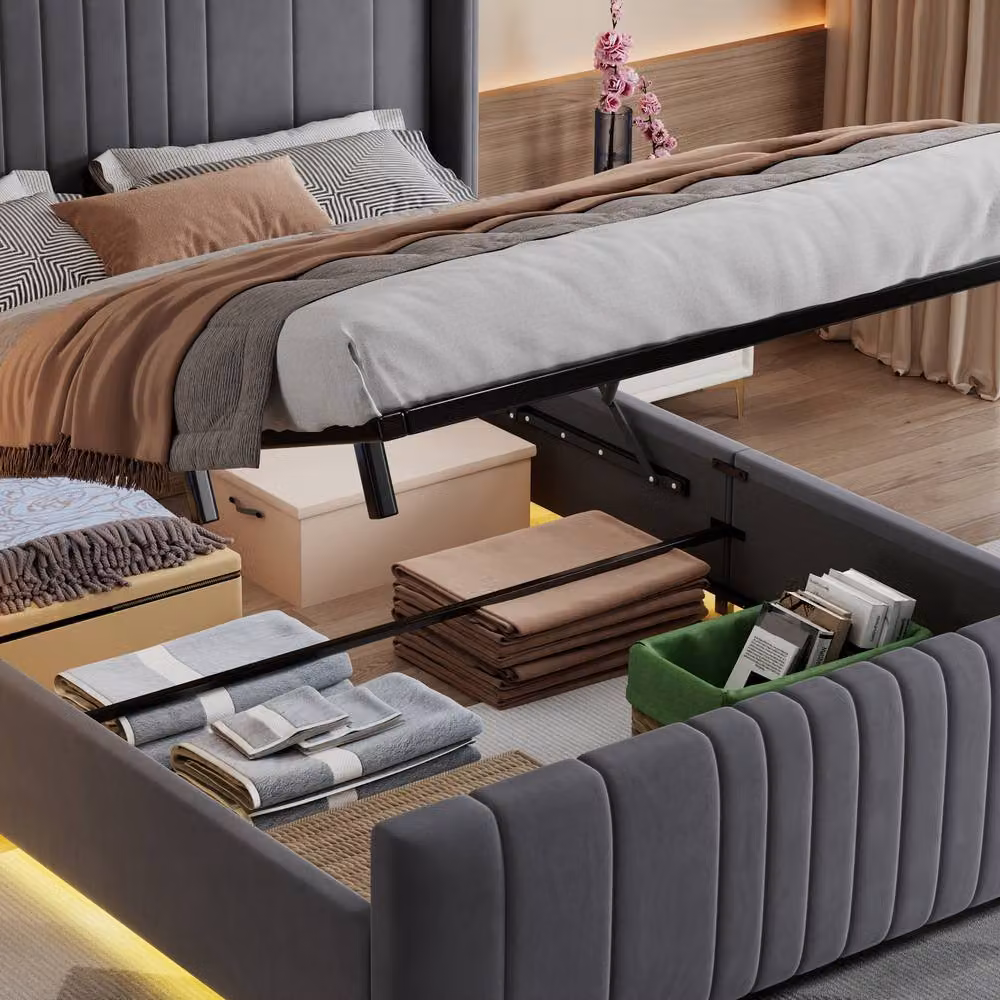 BTM Double Ottoman Bed with LED Under-Bed Lighting, Grey Velvet Upholstered Frame, W/D/H: 140 x 190 x 46.6 cm – 5