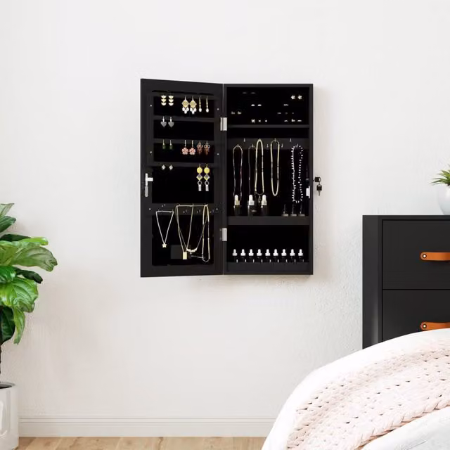 Berkfield Home Modern Wall Mounted Mirror Jewellery Cabinet with LED Lights in Matt Black