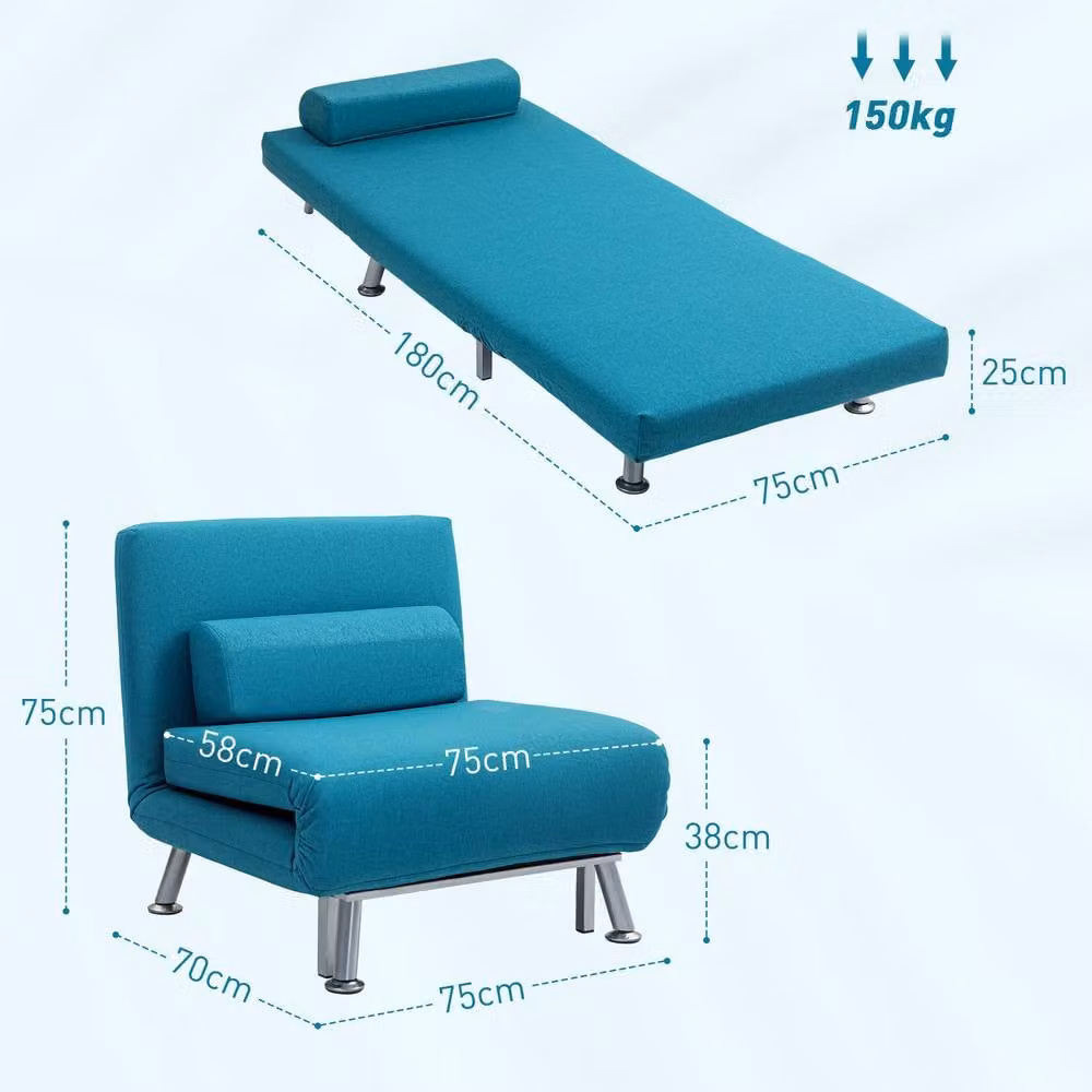 ERGOVEXA Single Linen-Feel Sleeper Chair in Blue with Metal Frame and Armrests – 2