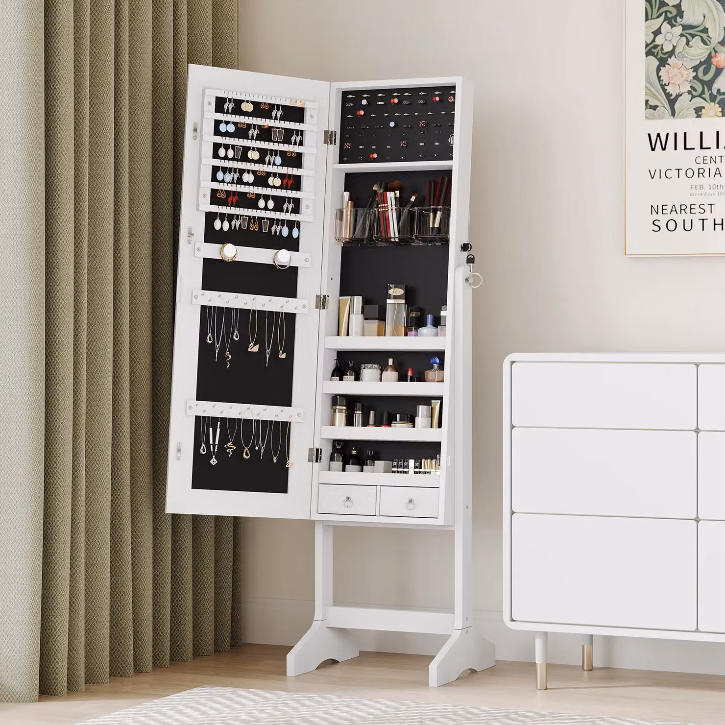 Dprodo Standing Jewelry Armoire Cabinet with Full Length Mirror in White – 2