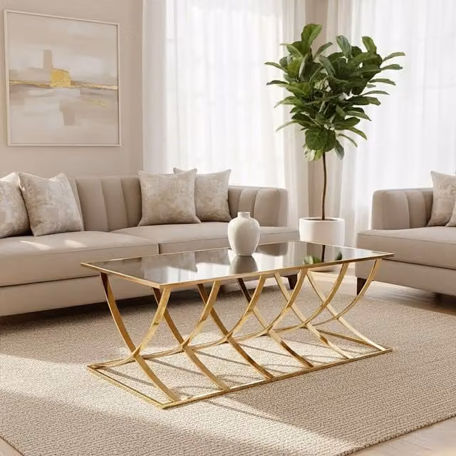 Orsina Modern Rectangular Coffee Table with Glass Top in Gold