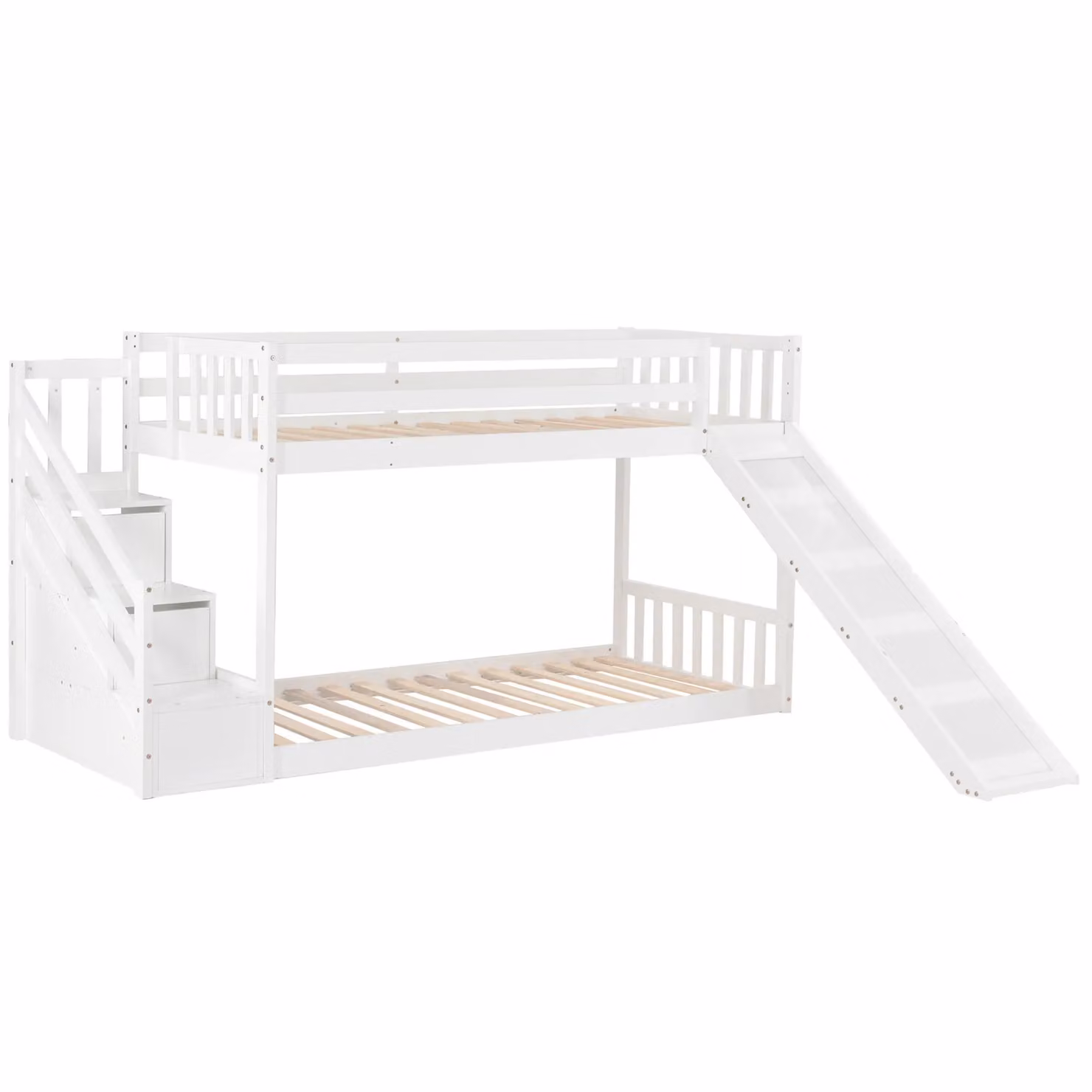 Matteo Double Bunk Bed with Stairs, Slide and 2 Drawers, Solid Pine Wood Frame, White – 2
