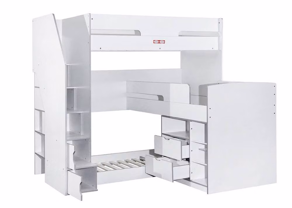Flair Furnishings White Solid Wood Triple Bunk Bed with Staircase Storage and Drawers, H 210 cm x W 90 cm x D 205.8 cm – 2
