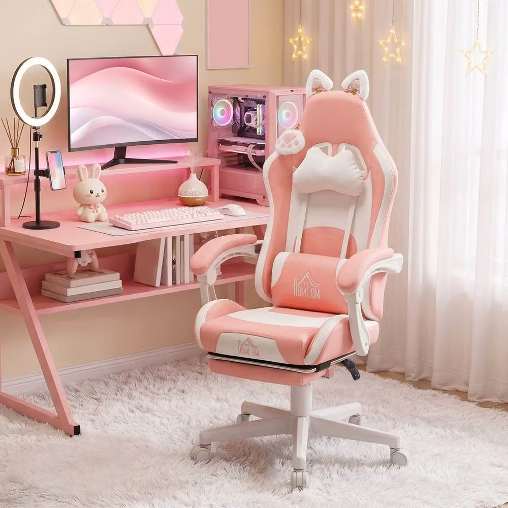 Rolipo Pink Cat Ear and Paw Reclining Gaming Office Chair with Footrest and Headrest – 2