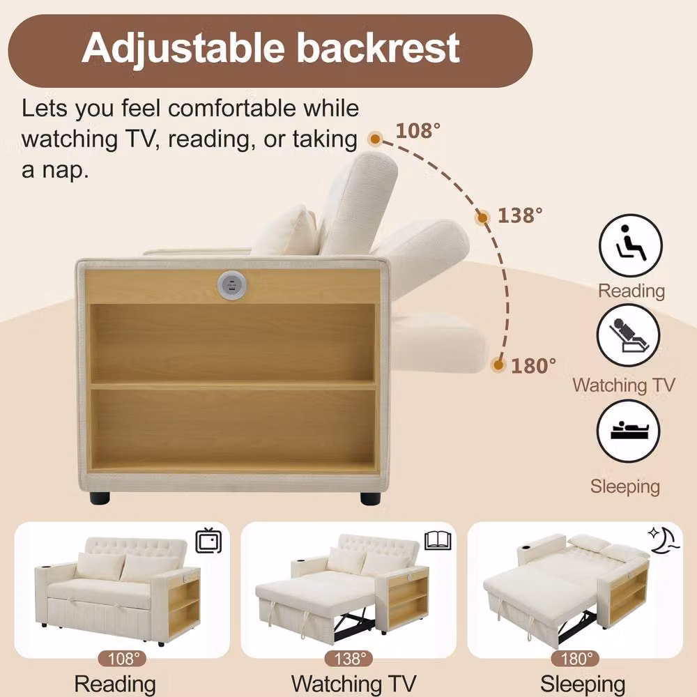 Rolipo Modern 3-in-1 Folding Sofa Bed with Storage, USB Charging and Cup Holder, Beige – 3