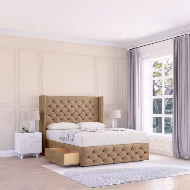 Sloomy Luthor Naples Wingback Bed Set with 2 Drawers and Floor Standing Headboard in Light Brown, Small Double, W/D/H: 120 x 200 x 25 cm