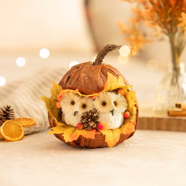 Marco Paul Orange Pumpkin and Owl Autumn Decoration with Rattan Details, Height: 17 cm