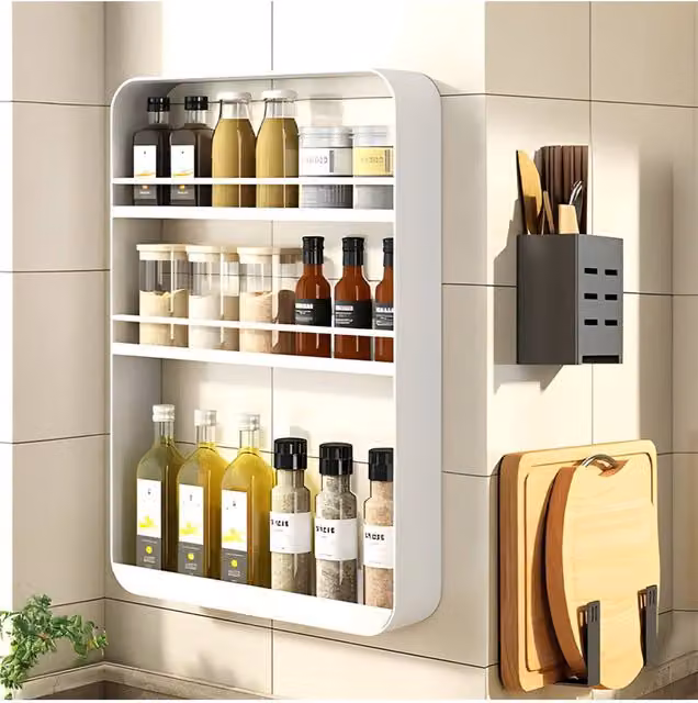 Living and Home 3-Tier Wall-Mounted Spice Rack and Kitchen Storage Organiser in White