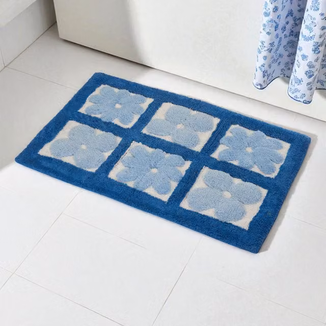 Showerdrape Fiore Blue Floral 100% Cotton Anti-Slip Bath Mat W: 80 cm, D: 50 cm