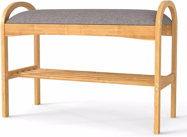 COSTWAY 2-Tier Compact Shoe Bench Organizer in Grey Bamboo and Fabric