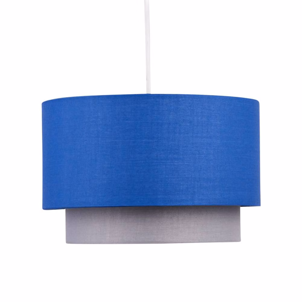 First Choice Lighting Blue and Grey 2 Tier Modern Fabric Cylinder Easy Fit Ceiling Lightshade – 2