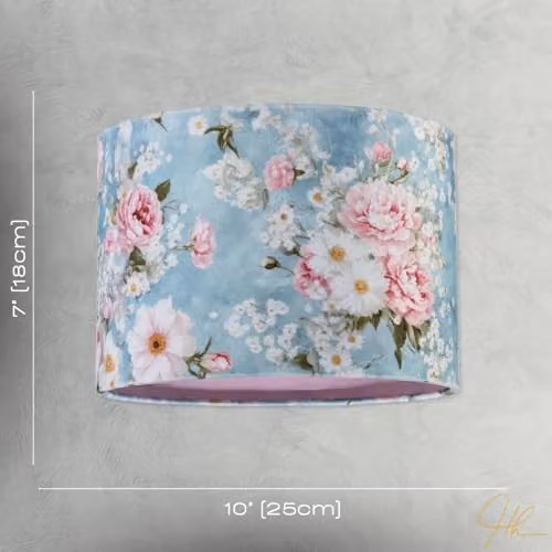 Happy Homewares Vintage Cylinder Velvet Lamp Shade in Blue with Pink and White Flowers, W/D/H: 18 x 18 x 25 cm – 3