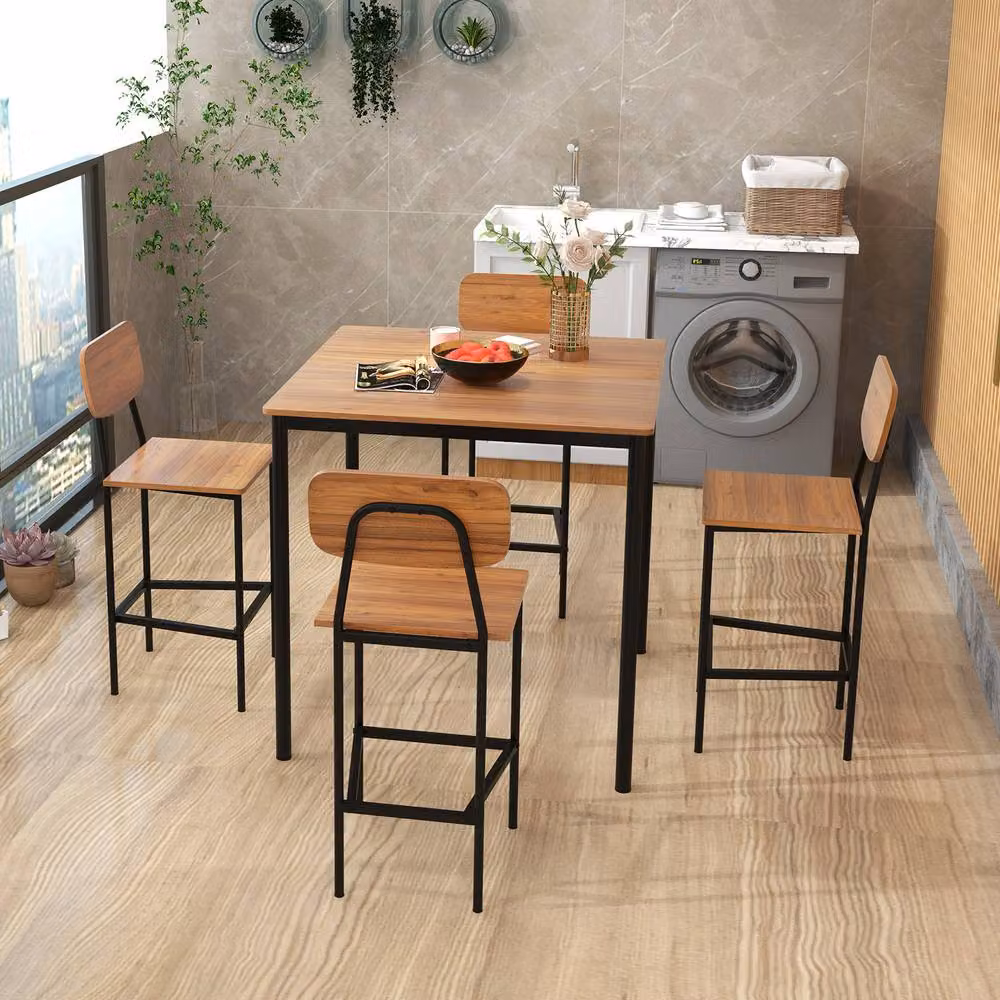 Gymax Industrial Dining Table Set with 4 Bar Stools in Brown – 4