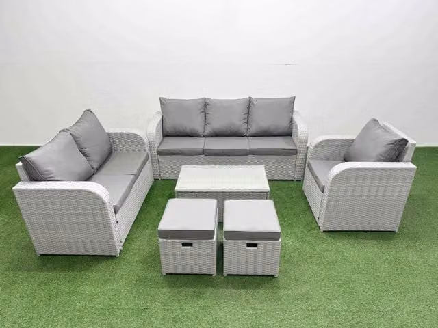 Fimous Patio 8 Seater Grey Rattan Outdoor Furniture Set with Coffee Table, 3 Seater Sofa, Loveseat, Reclining Chairs and Ottoman